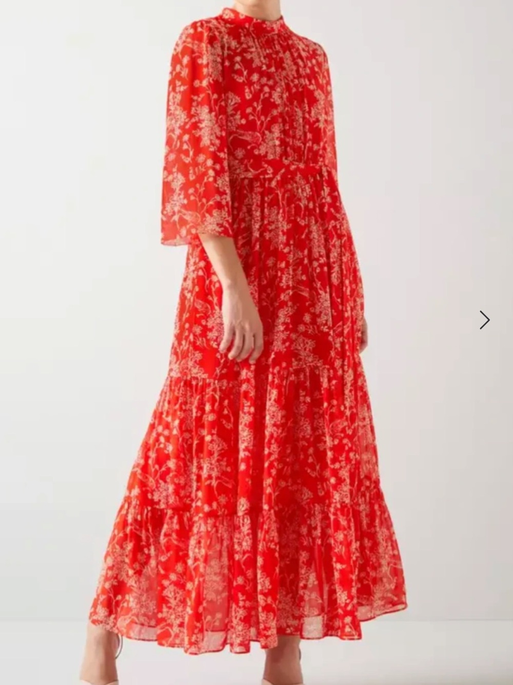 LK Bennett Red Floral Maxi Silk Dress with White Botanical Print
